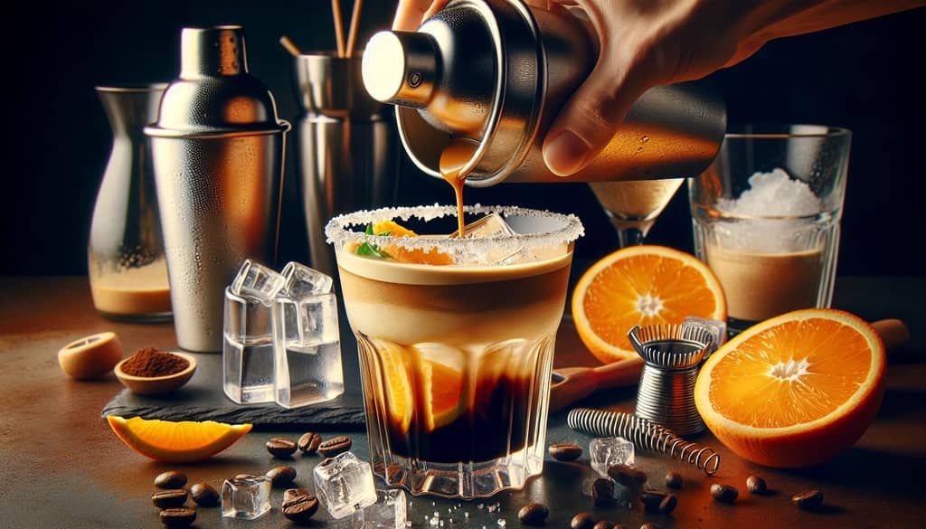 Steps for mixing and shaking an Espresso Orange Margarita in a cocktail shaker.