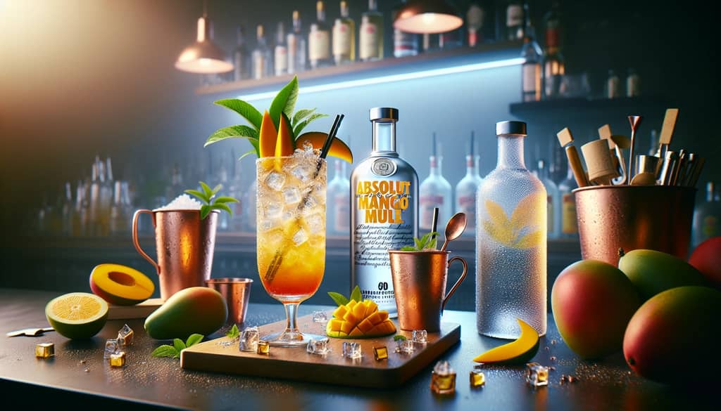 Steps in crafting the perfect Absolut Mango Mule, showcasing the mixing and garnishing process