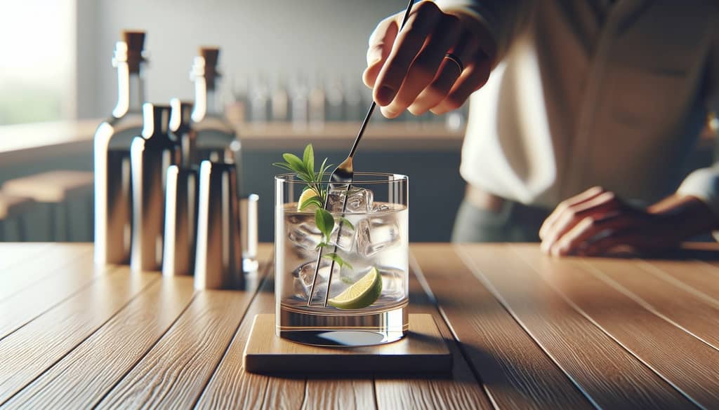 bar spoon stirring built cocktail with fresh garnish