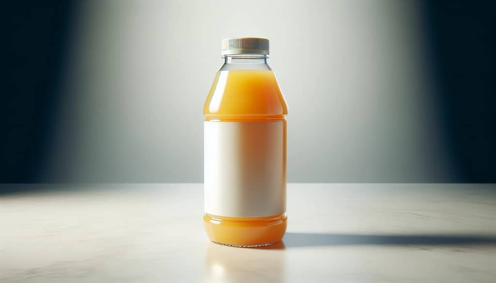 Store-bought orange juice in a plastic bottle