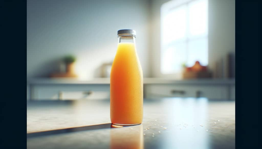 store-bought peach juice bottle on a counter