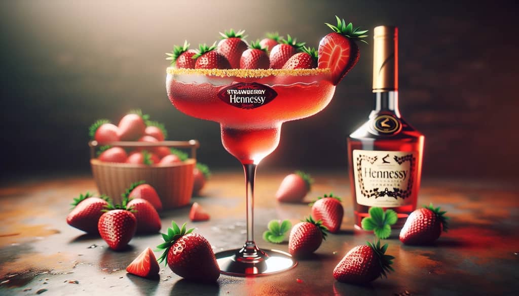 Strawberry Hennessy Margarita with fresh strawberries and a strawberry slice garnish in a chilled glass.
