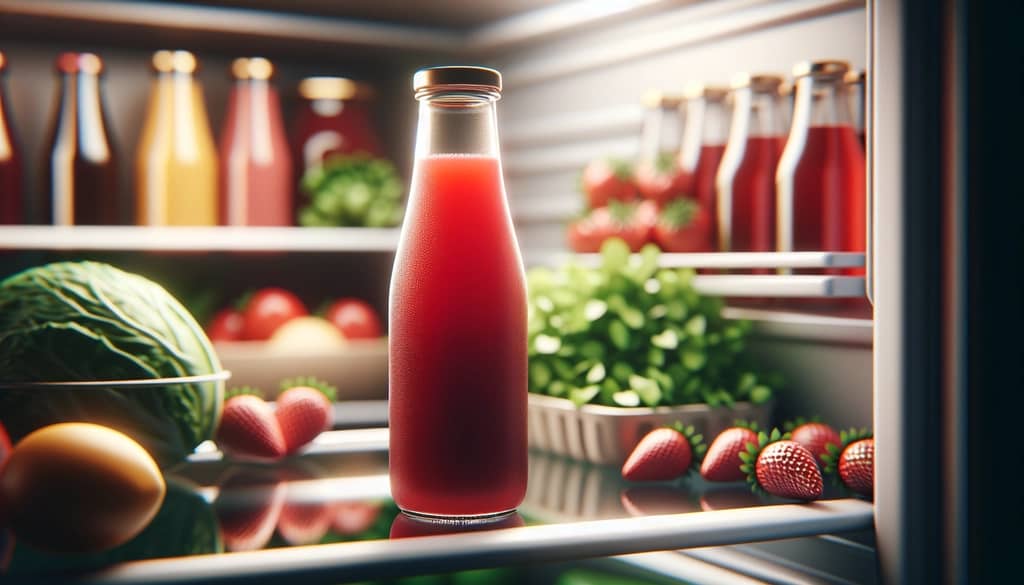 almacenamiento de jugo de fresa en botella de vidrio en el refrigerador