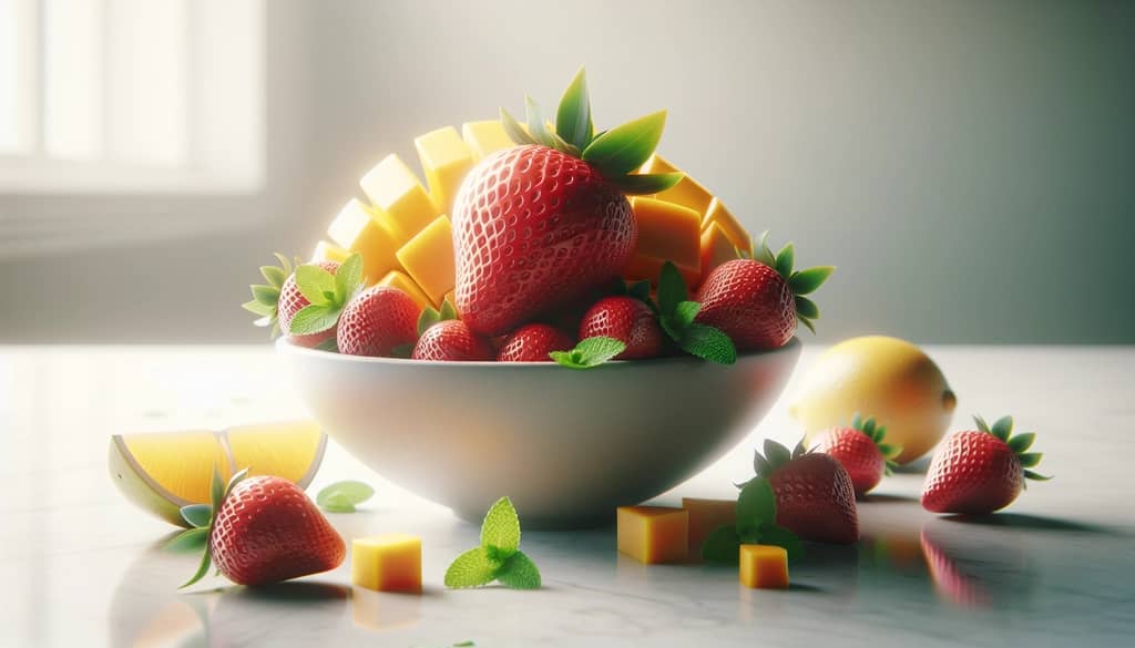 strawberry and mango with mint and lemon on table