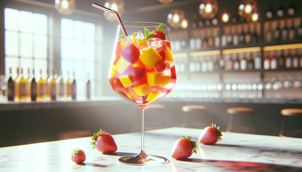 sangría de fresa y mango en copa de vino con fruta fresca