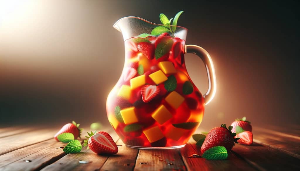 mango strawberry sangria pitcher showing fruit