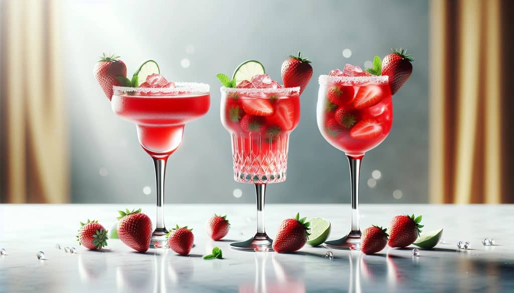 several strawberry margaritas with different garnishes on marble