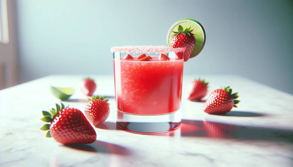 딸기 마가리타 록스 글라스에 딸기와 라임 가니시