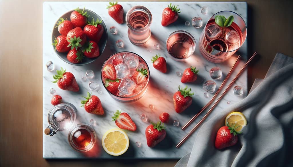 strawberry and rosé spritzer ingredients on marble