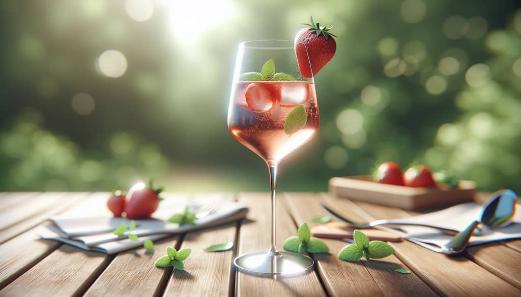 strawberry rosé spritzer outdoors with strawberries and mint garnish