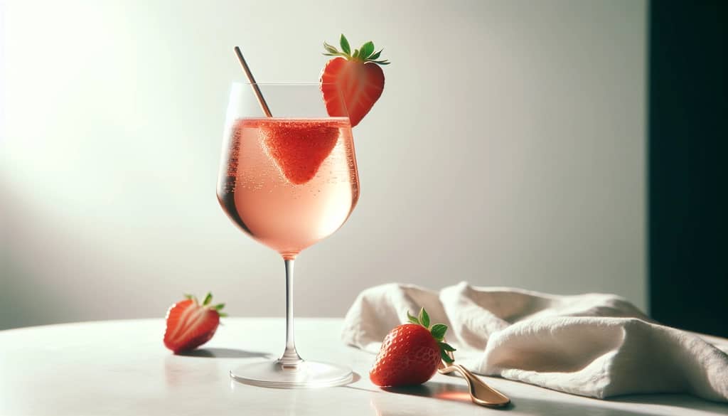 spritzer rượu vang rosé dâu tây trong ly rượu vang với trang trí lát dâu tây