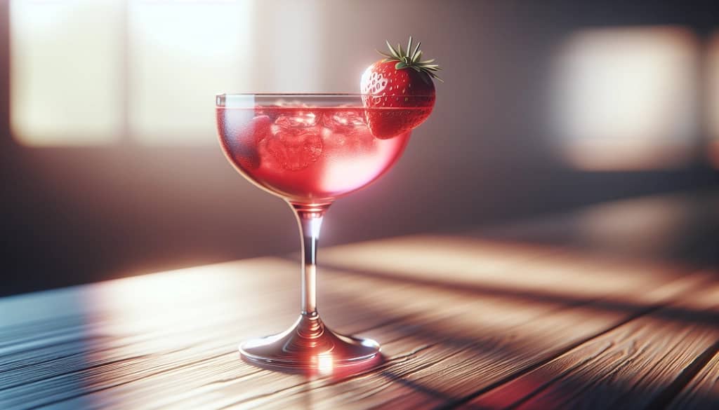 strawberry vodka cocktail with strawberry garnish