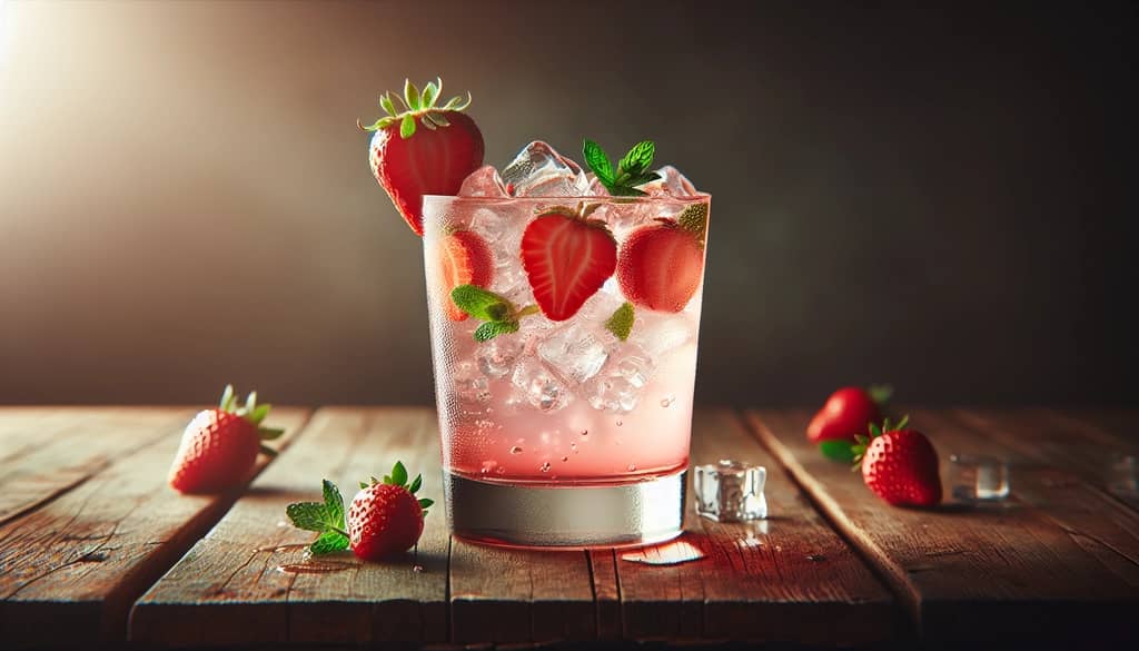 strawberry vodka drink in a highball glass with plenty of ice