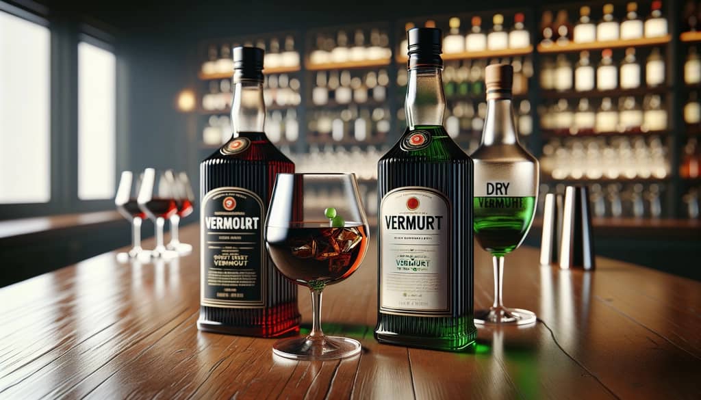 Bottle of sweet vermouth and bottle of dry vermouth with matching glasses