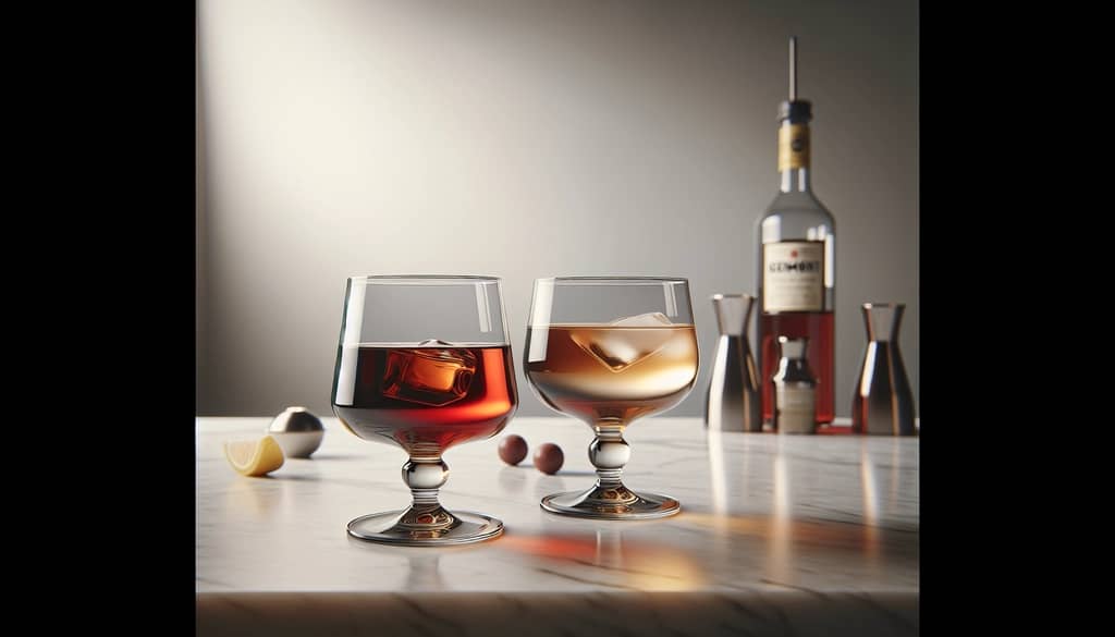 Dua gelas: satu dengan vermouth manis dan satu dengan vermouth kering
