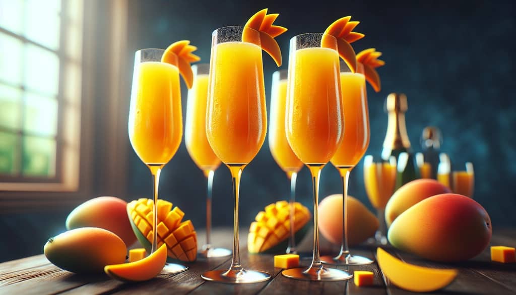 Tall champagne flutes filled with classic mango mimosas, garnished with mango slices.