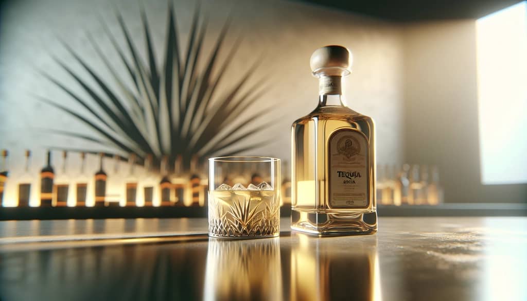 tequila bottles and glasses on bar counter