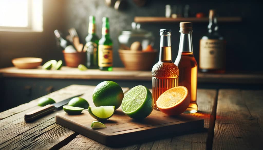 lime and orange on cutting board beside tequila and grand marnier bottles