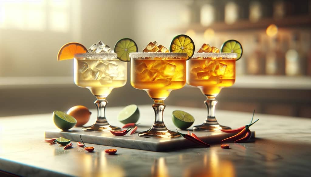texas margarita variations in rocks glasses with garnishes