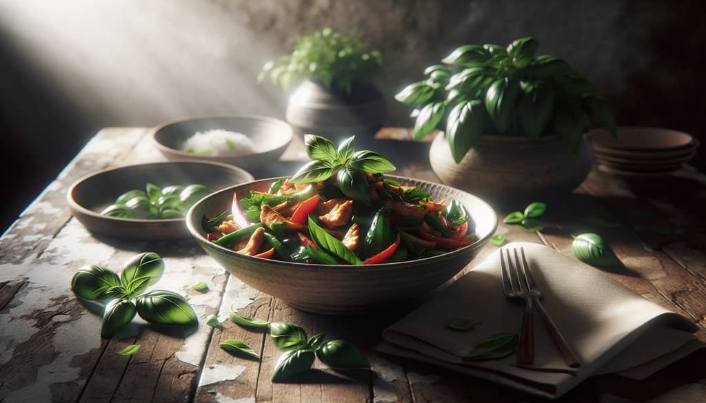 cooked thai cuisine with thai basil garnish