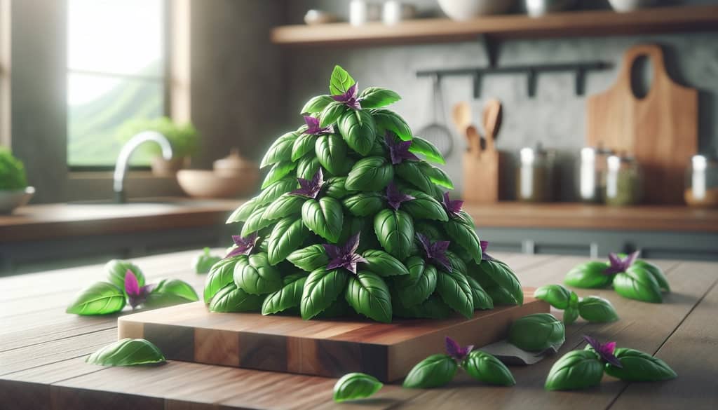 나무 위에 신선한 태국 바질 잎 클로즈업