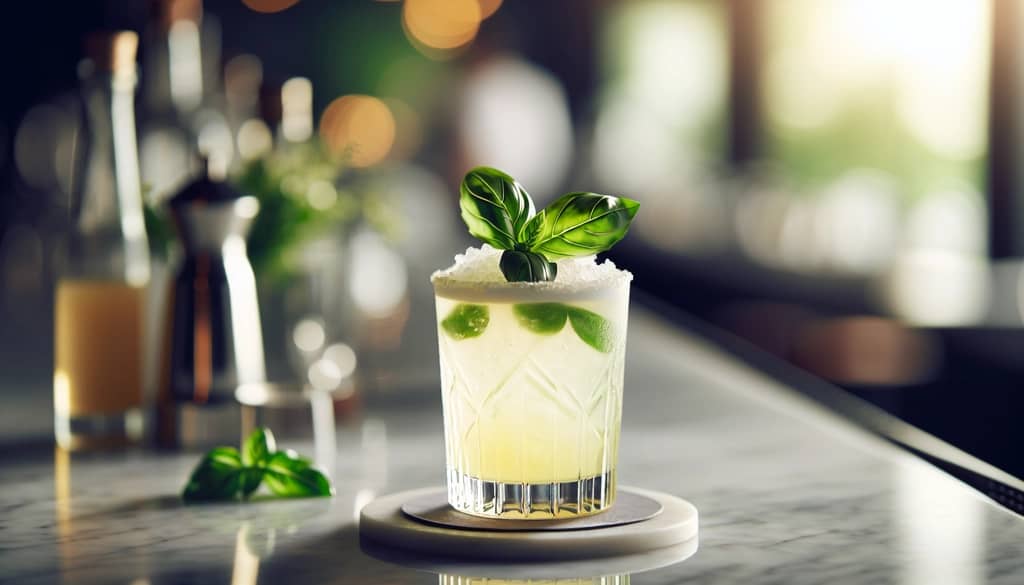 thai basil tom collins cocktail in collins glass with basil garnish