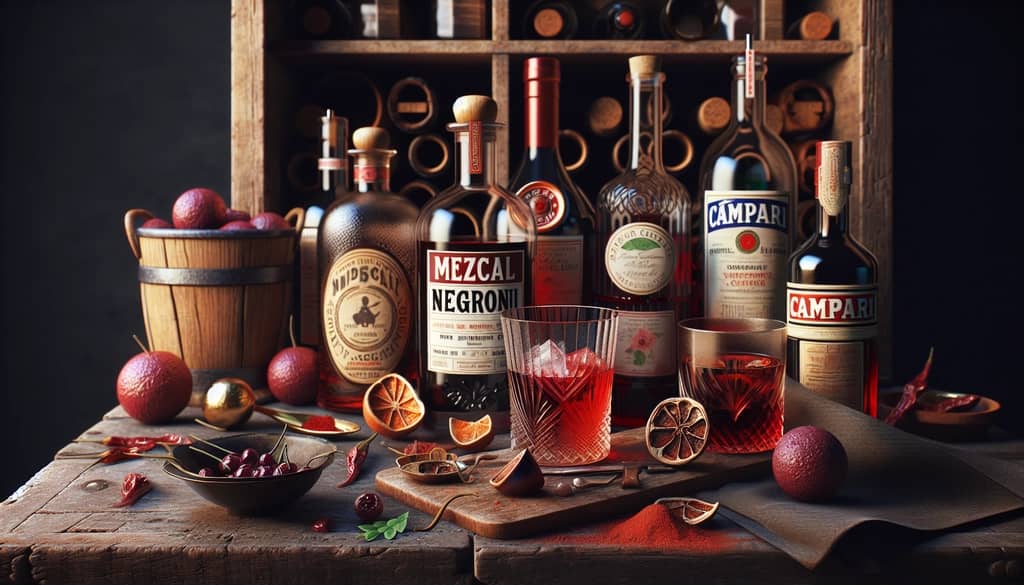 The essential ingredients for a Mezcal Negroni laid out: mezcal, sweet vermouth, and Campari.