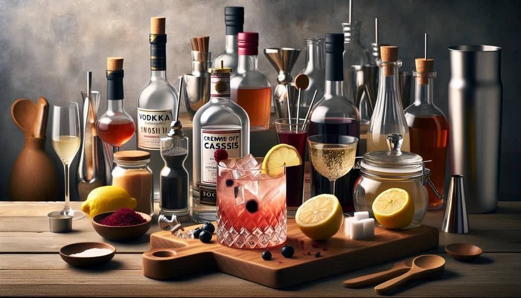 The essential ingredients of Russian Spring Punch, including vodka, crème de cassis, lemon juice, sugar syrup, and sparkling wine.