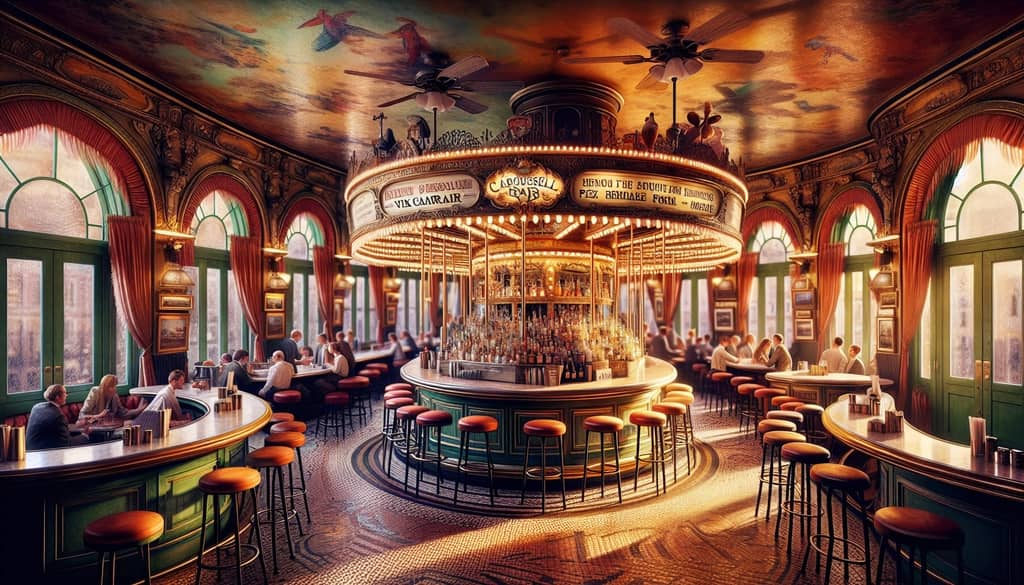 The Hotel Monteleone’s Carousel Bar, the birthplace of the Vieux Carré cocktail, bustling with history and ambiance.