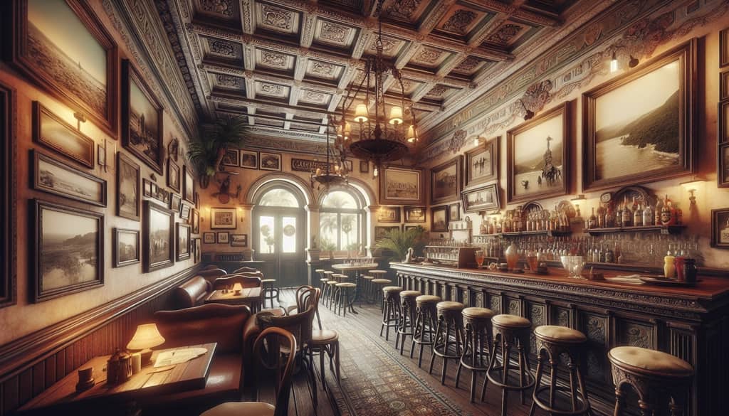 The interior of La Canchanchara featuring colonial decor with vintage photographs and a cozy atmosphere
