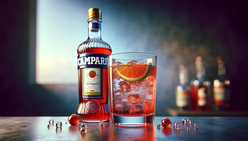 The main ingredients of Campari and soda, showcasing a bottle of Campari next to a glass of soda water.