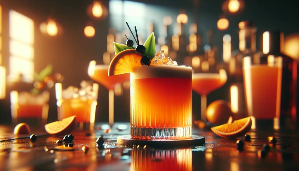 The Naked and Famous cocktail with its vibrant orange hue, capturing the essence of modern mixology.