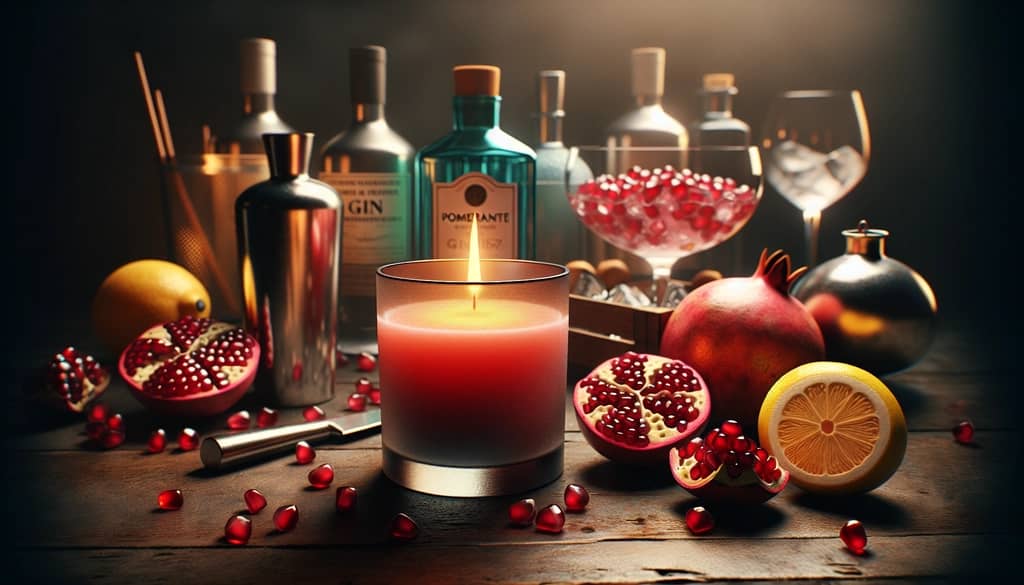 The Pomegranate Gin Fizz Yankee Candle amidst cocktail ingredients, capturing the spirit of the fragrance