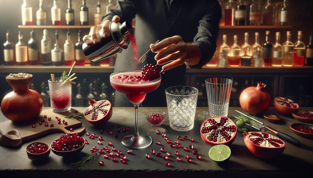The step-by-step process of mixing a Pomegranate Cosmo cocktail, from shaking to garnishing