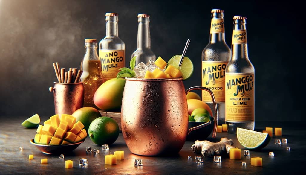 The vibrant ingredients in an Absolut Mango Mule, featuring mango vodka, ginger beer, and lime