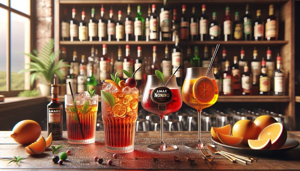 Three distinct Amaro Spritz cocktails showcasing variations with Amaro Nonino, Montenegro, and Meletti