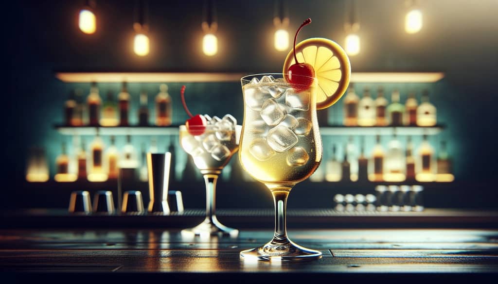 Tom Collins cocktail in a tall Collins glass with lemon wheel