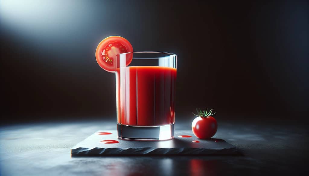 glass of tomato juice with tomato garnish