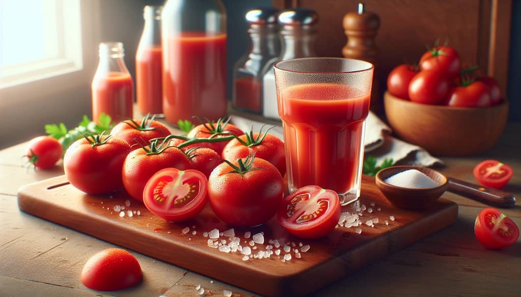 plain tomato juice ingredients on a cutting board
