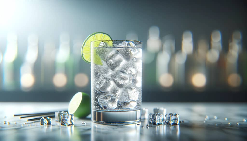 tonic water in a highball glass with ice and lime