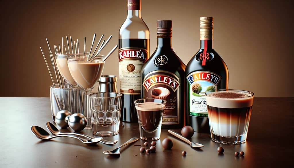 Tools and ingredients needed to make a B52 Shot, including Kahlúa, Baileys Irish Cream, Grand Marnier, a shot glass, and a bar spoon.