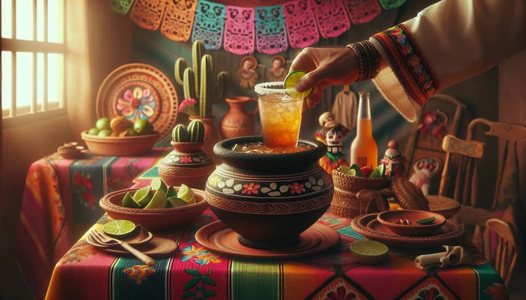 Traditional Cantarito cocktail served in a clay pot on a vibrant Mexican table setting