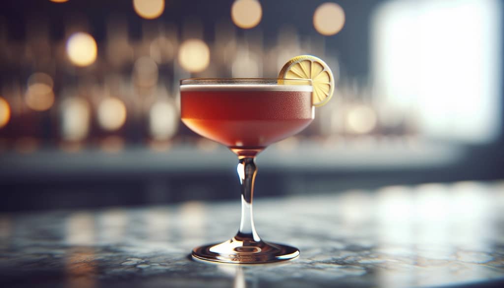 Trinidad Sour Cocktail im Coupé-Glas mit Zitronenschalen-Garnitur