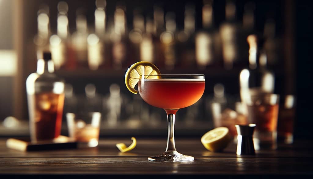 trinidad sour cocktail with lemon garnish on bar