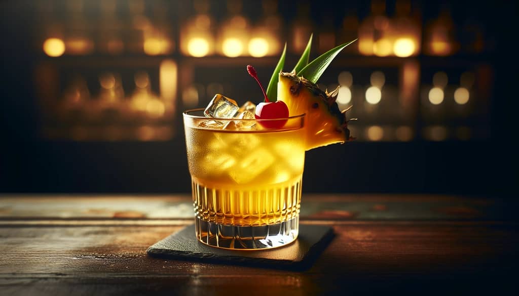 tropical cocktail with pineapple and cherry garnish