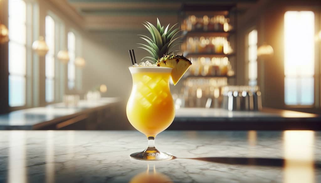 tropical juice cocktail in a hurricane glass with pineapple garnish