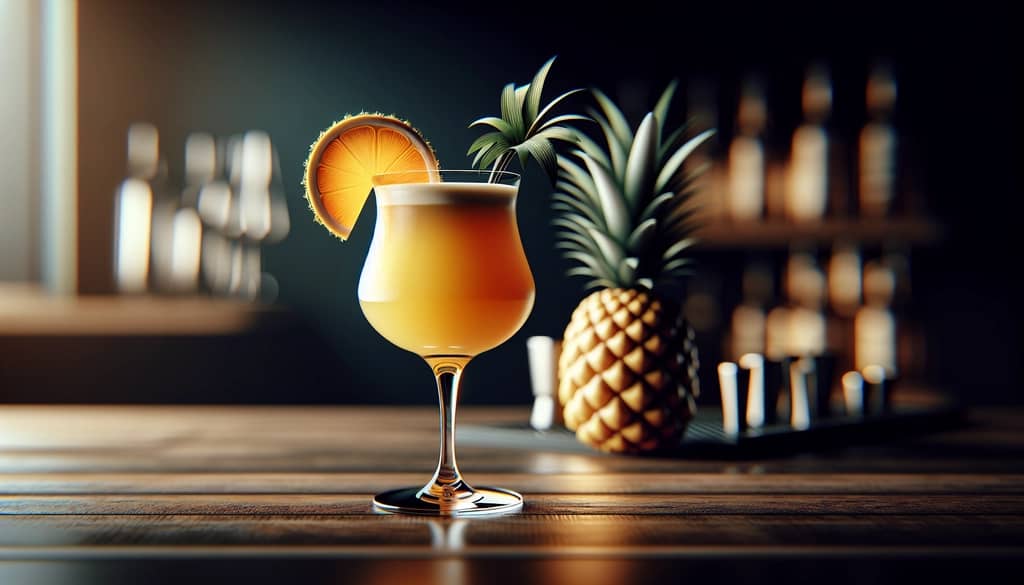 tropical juice cocktail with orange and pineapple on wooden bar