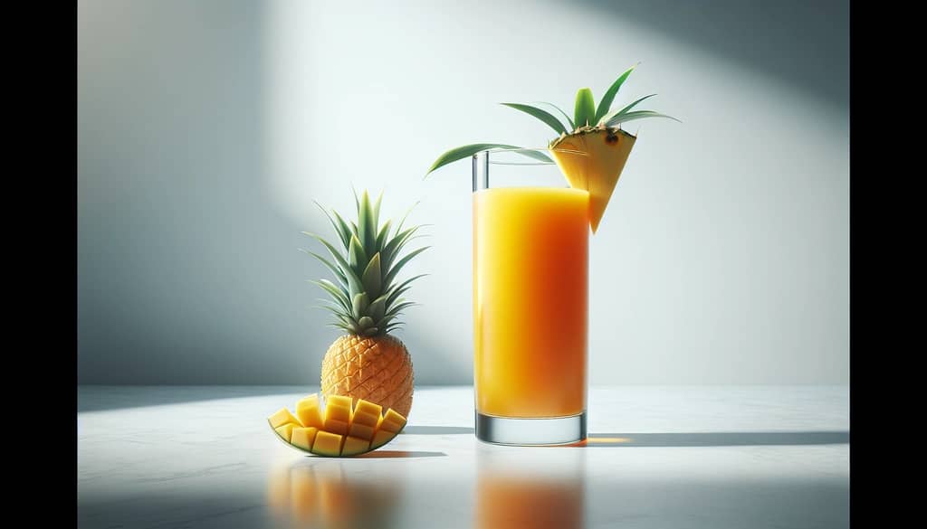 colorful tropical juice blend in a highball glass with pineapple and mango garnish