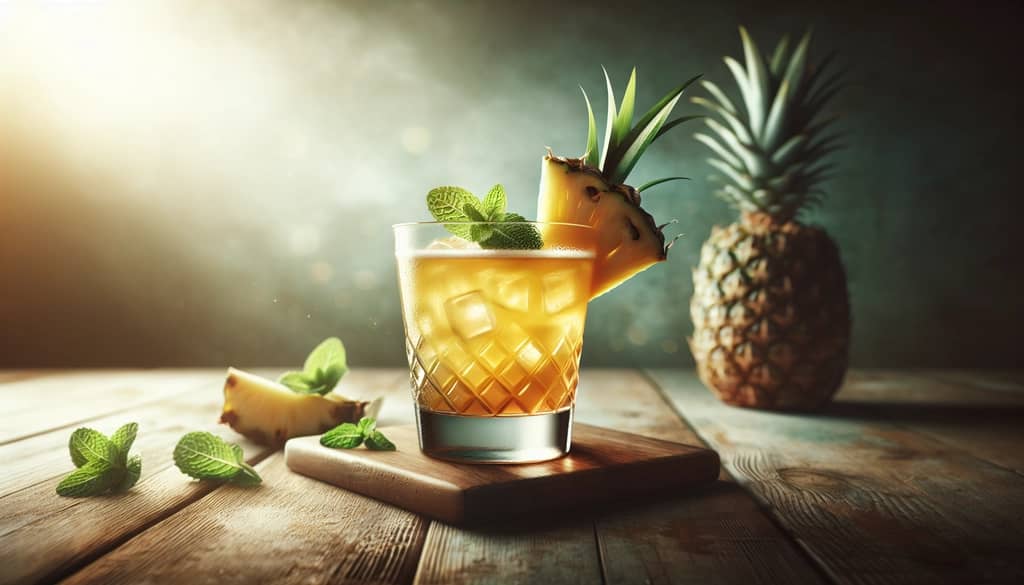 Mocktail with tropical garnish on wooden table