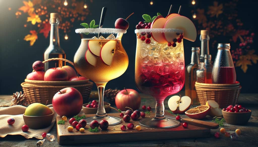 Two beautifully crafted non-alcoholic cocktails featuring apple cider and cranberry juice, showcasing vibrant colors and festive garnishes.
